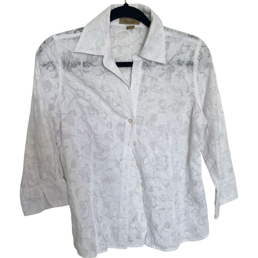 Peck & Peck Weekend White Rose Floral Textured Button Down 3/4 Sleeve Size4